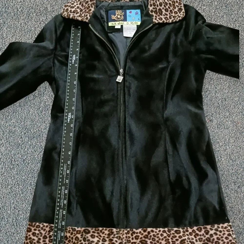 Mudd Women's Black Faux Fur Leopard Print Trim Full Zip Coat Jacket Y2K Small - Picture 6 of 10